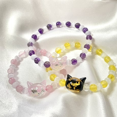 【大人からお子様まで】ホタルガラス（猫玉）の天然石ブレスレット｜キャッツアイ＆アクアマリン