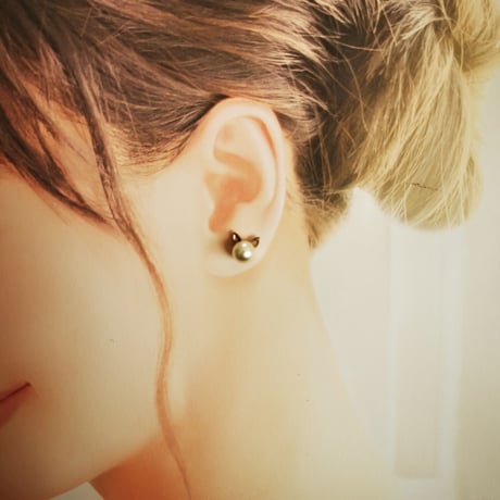 ねこ耳パールピアス/7mmパール