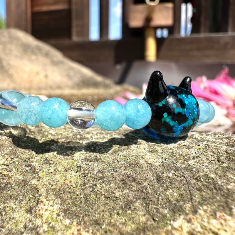 天然石ブレスレット/アクアマリン、水晶、ホタルガラス（猫玉