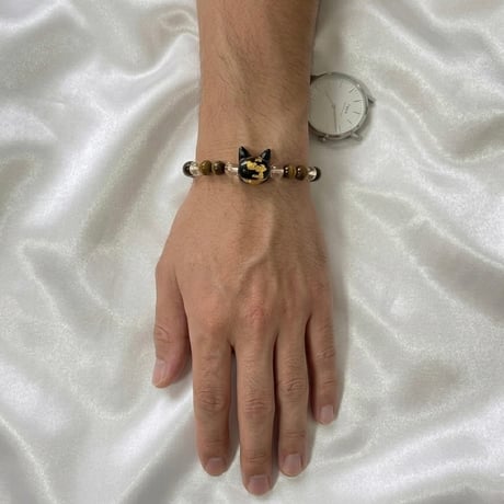 【ねこ守りシリーズ】猫玉の天然石ブレスレット/タイガーアイ、水晶、ホタルガラス｜金運・交通安全｜阪神タイガースの推し活にも