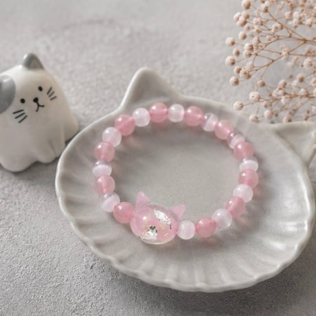 【大人からお子様まで】ホタルガラス（猫玉）の天然石ブレスレット｜キャッツアイ＆ローズクオーツ