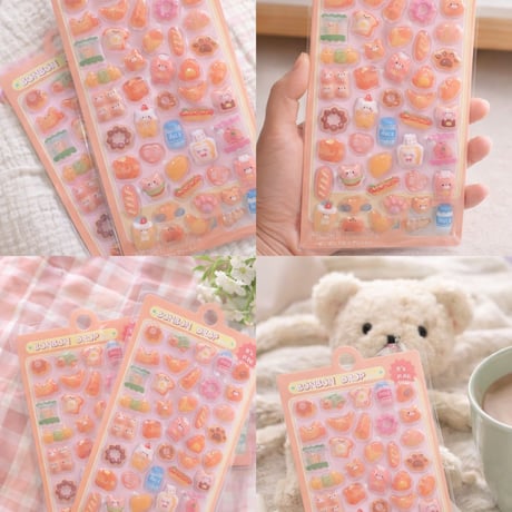 立体シール くまさんとパン ドロップシール 3Dシール ぷくぷくシール