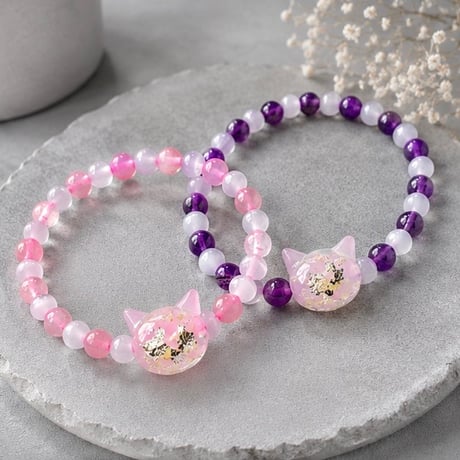 【大人からお子様まで】ホタルガラス（猫玉）の天然石ブレスレット｜キャッツアイ＆アメジスト