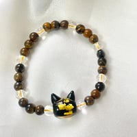 【ねこ守りシリーズ】猫玉の天然石ブレスレット/タイガーアイ、水晶、ホタルガラス｜金運・交通安全｜阪神タイガースの推し活にも