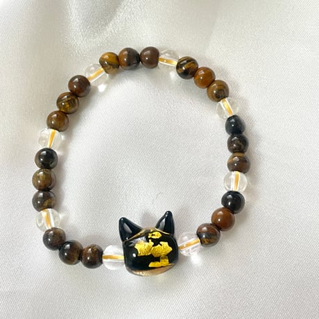 【ねこ守りシリーズ】猫玉の天然石ブレスレット/タイガーアイ、水晶、ホタルガラス｜金運・交通安全｜阪神タイガースの推し活にも