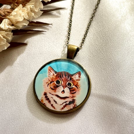 猫の画家ルイス・ウエイン《おしゃべりな子猫》/アンティーク調サークルネックレス ブロンズカラー/世界の名画アクセサリー
