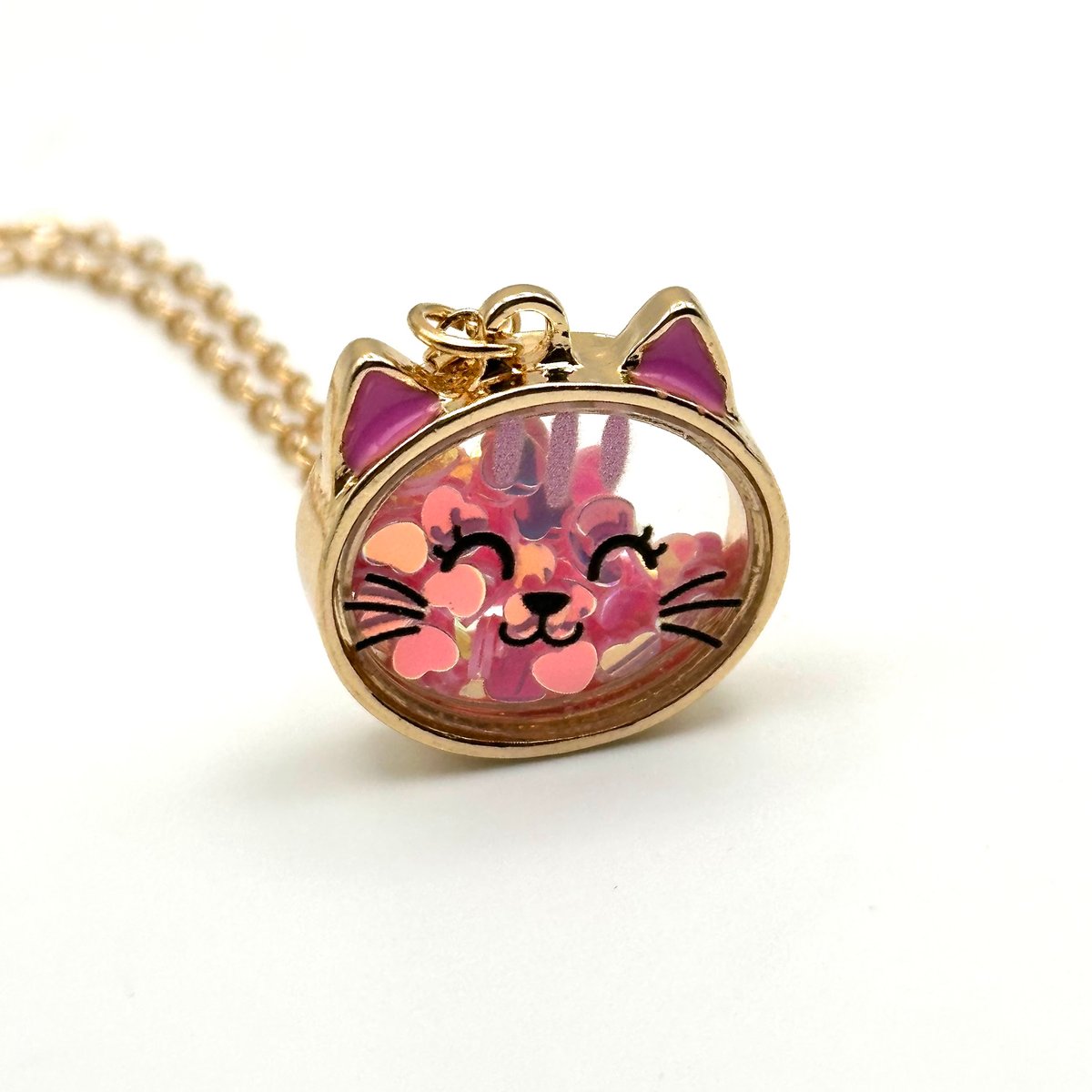 お子様へおすすめ】桜色の猫 ネックレス｜ハートのスパンコール入り