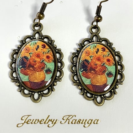 【2点セット】ゴッホ「ひまわり」/アンティーク調ピアス & ネックレス
