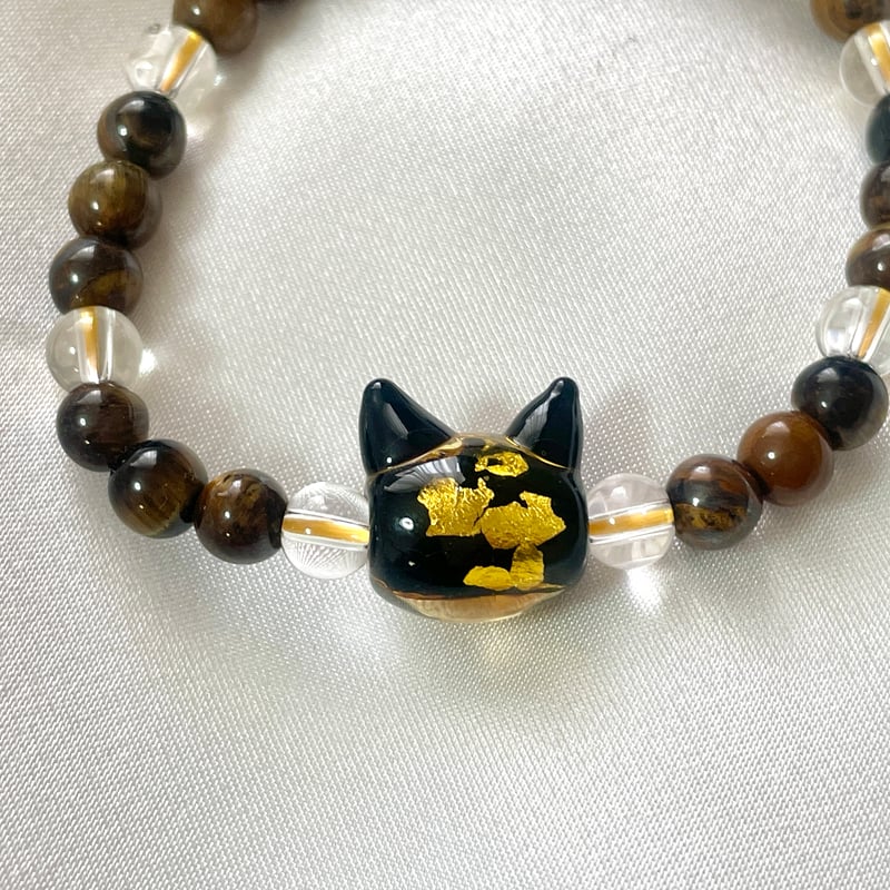 ねこ守りシリーズ】猫玉の天然石ブレスレット/タイガーアイ、水晶