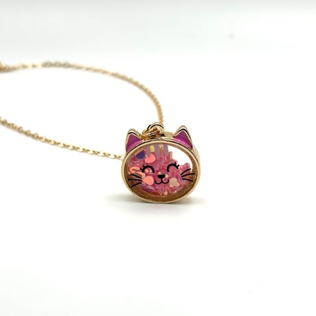 【お子様へおすすめ】桜色の猫 ネックレス｜ハートのスパンコール入り