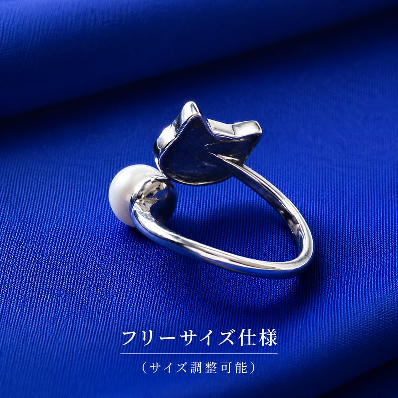お守り猫パールリング｜ブラックシェルキャット×真珠・フリーサイズ