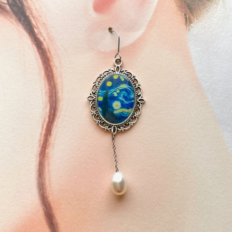 【限定1点】ゴッホ《星月夜》アンティーク調フックピアス 淡水真珠のドロップピアス