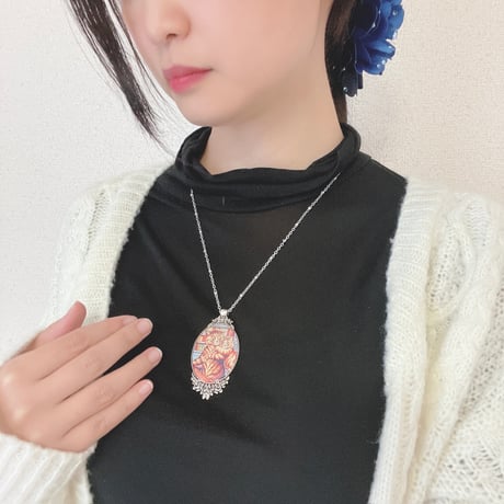 【限定一点】猫の画家ルイス・ウエイン「本棚の猫の親子」/アンティーク調ローズネックレスL/世界の名画アクセサリー