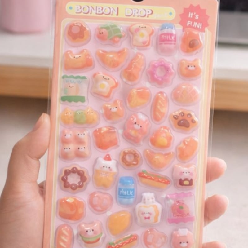 立体シール くまさんとパン ドロップシール 3Dシール ぷくぷくシール 