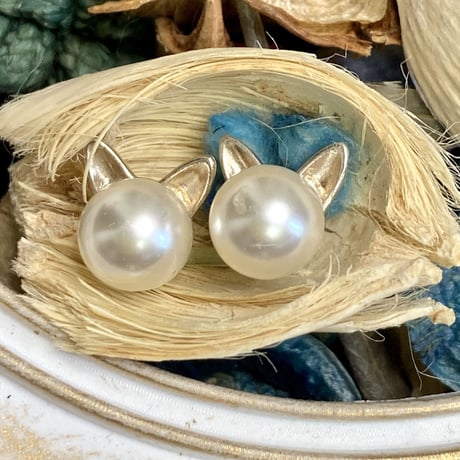 ねこ耳パールピアス/7mmパール
