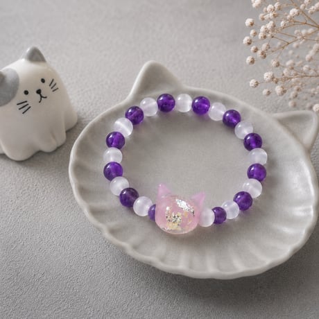 【大人からお子様まで】ホタルガラス（猫玉）の天然石ブレスレット｜キャッツアイ＆アメジスト