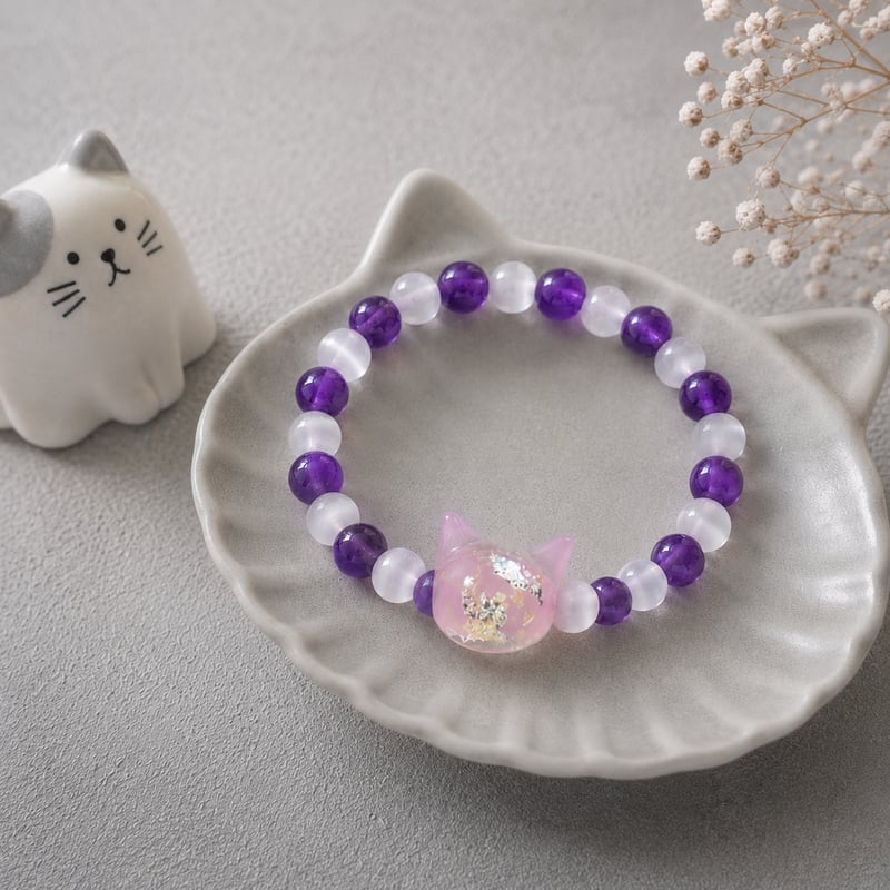 大人からお子様まで】ホタルガラス（猫玉）の天然石ブレスレット