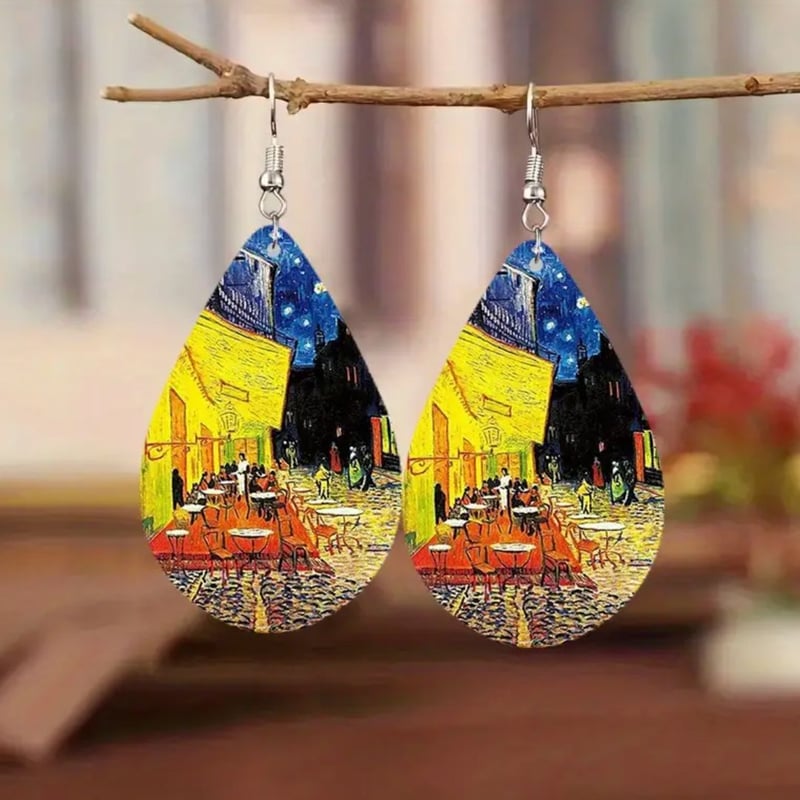 ゴッホ《夜のカフェテラス》大ぶりアートピアス｜両面同柄