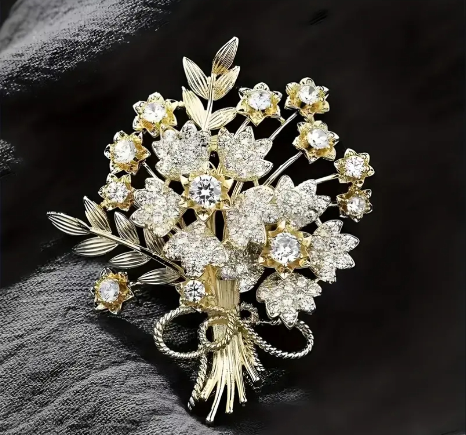 ゴールド花束ブローチ ラインストーン 上品 セレモニーアクセサリー
