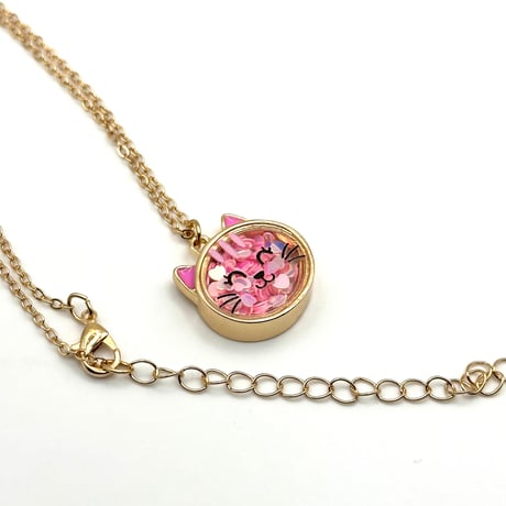 【お子様へおすすめ】桜色の猫 ネックレス｜ハートのスパンコール入り