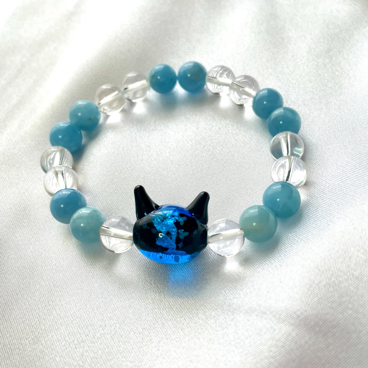 専用です♡新作　水晶猫招きブレス ねこ守りシリーズ】猫玉の天然石ブレスレット/アクアマリン