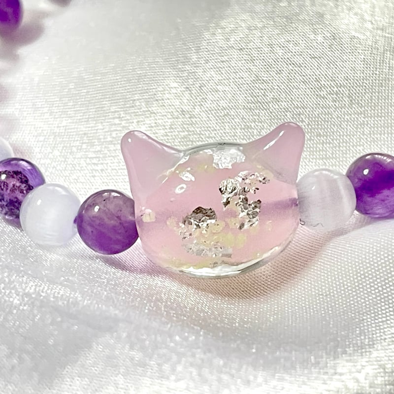 大人からお子様まで】ホタルガラス（猫玉）の天然石ブレスレット