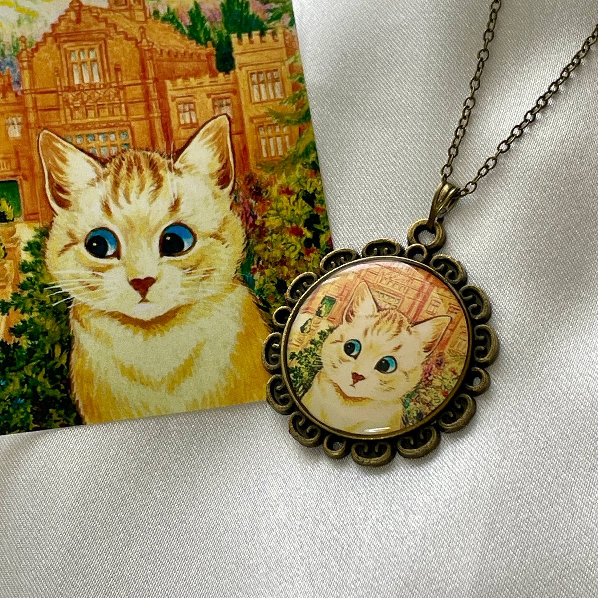猫の画家ルイス・ウエイン「白猫とオレンジの教会」/アンティーク調 