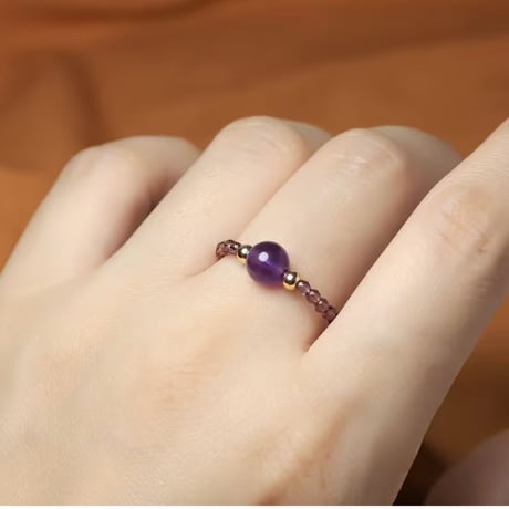 アメジスト一粒リング 天然石ビーズ｜紫水晶・誕生石2月・お守りアクセサリー