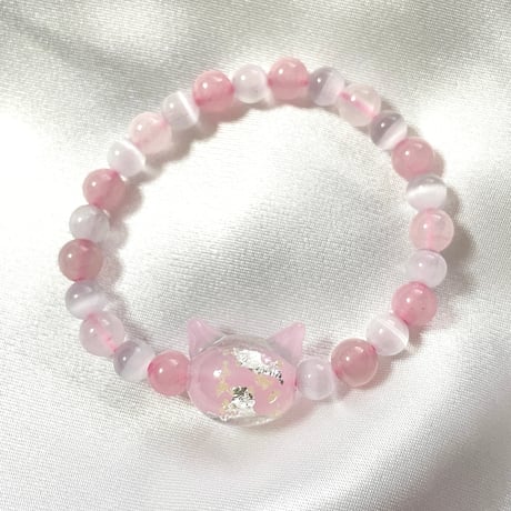 【大人からお子様まで】ホタルガラス（猫玉）の天然石ブレスレット｜キャッツアイ＆ローズクオーツ