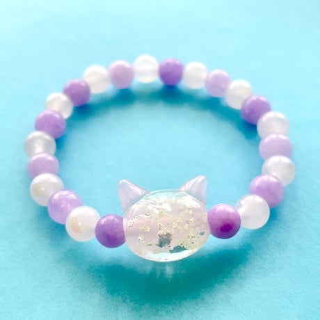【大人からお子様】蓄光ホタルガラス（猫玉）のキッズ用ブレスレット/天然石 ムーンストーン、ローズクオーツ、アメジスト
