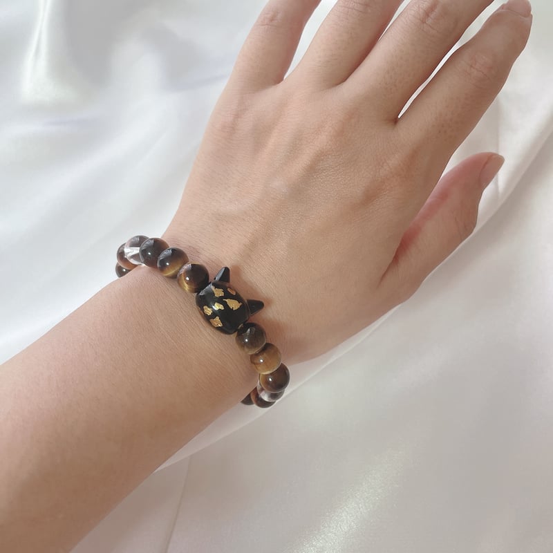 ねこ守りシリーズ】猫玉の天然石ブレスレット/タイガーアイ、水晶