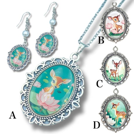 【奈良県ふるさと納税認定品】奈良の子鹿と蓮の花 ネックレス&ピアスのセット