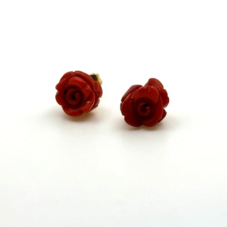 天然石薔薇彫刻 赤珊瑚のスタッドピアス/アレルギー対応
