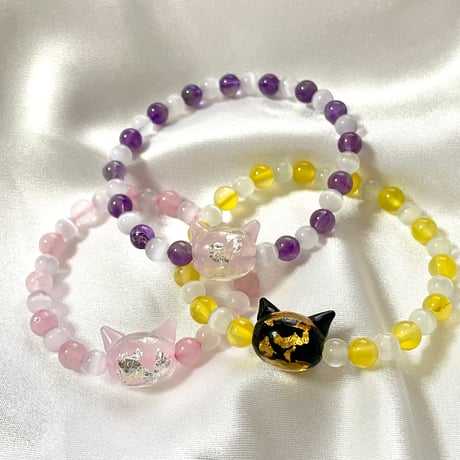 【大人からお子様まで】ホタルガラス（猫玉）の天然石ブレスレット｜キャッツアイ＆イエローアゲート