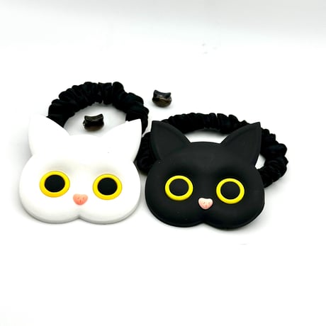 にゃんこヘアゴムセット（白猫×黒猫）｜親子でお揃い・猫好きさんに贈るぷっくりフェイス（2個セット）