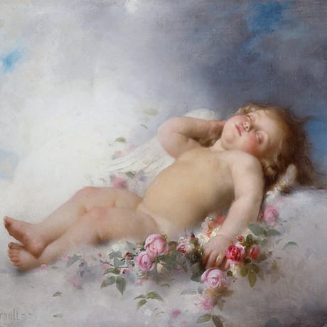 天使の名画レオン＝バジール・ペロー《眠れるプットー》/アンティーク調フラワーネックレス