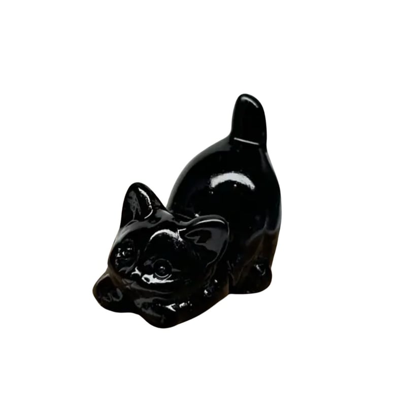 ねこ守りシリーズ】彫刻置物 福ねこ /黒曜石 遊び誘いポーズ