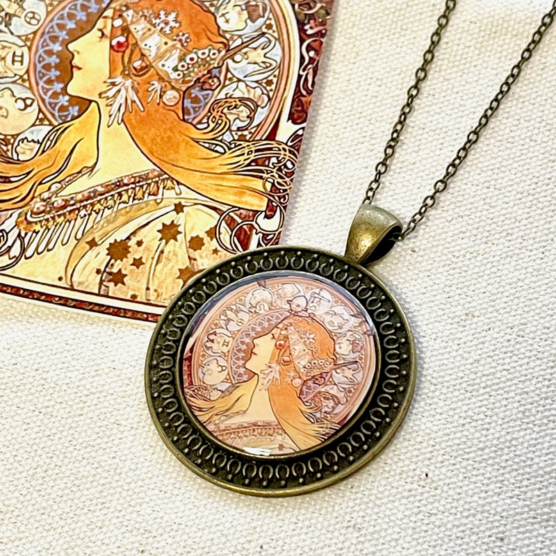 アンティークネックレス ミュシャ「黄道十二宮」/アンティーク調ネックレス/ラウンド ブロンズ