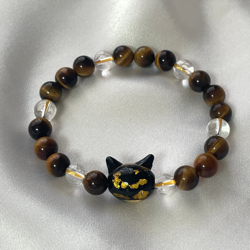 ねこ守りシリーズ】猫玉の天然石ブレスレット/タイガーアイ、水晶