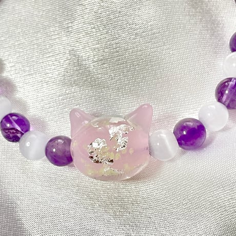 【大人からお子様まで】ホタルガラス（猫玉）の天然石ブレスレット｜キャッツアイ＆アメジスト