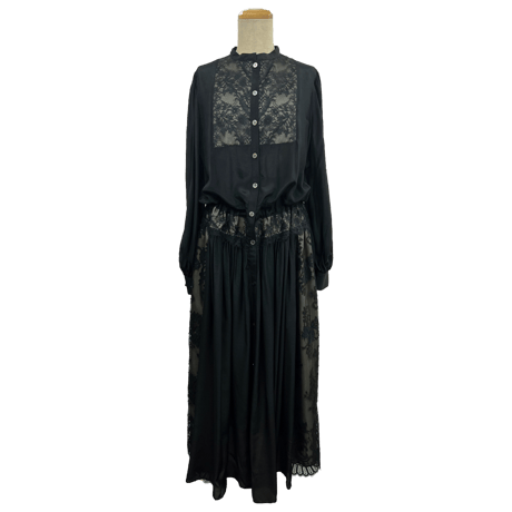 FA2411　シルクバンブーインクジェットプリントレースワンピース【 Black 】