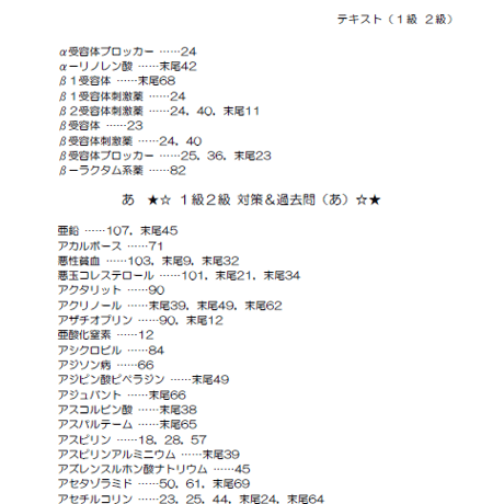 薬学検定「対策＆過去問」（１級２級）と（３級４級）の【合同さくいん】（無料）