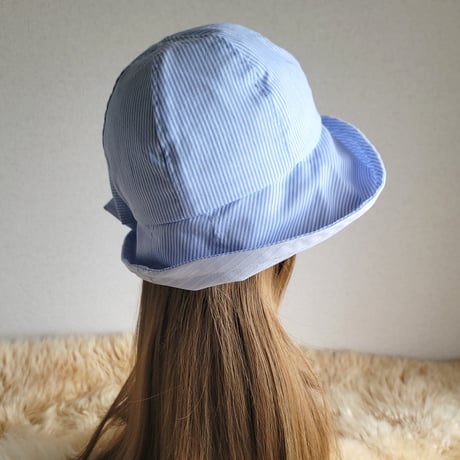 爽やか水色系★ストライプミックス★約59.5㎝★フィット hat×リボン