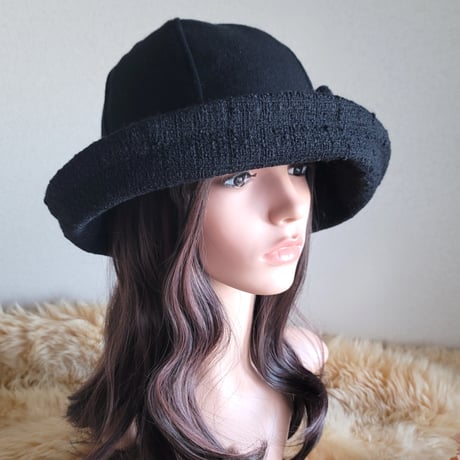 ★フィット hat★62㎝★サイズベルト付き★薄手ブラックwool×ブラックツイード