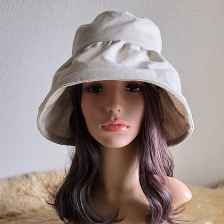ナチュラルcottonリネン★約62㎝★日差しに負けない★ギャザーフリル 帽子