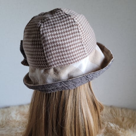 フィット hat★リボン★サイズ調節付き★やわらか千鳥格子柄
