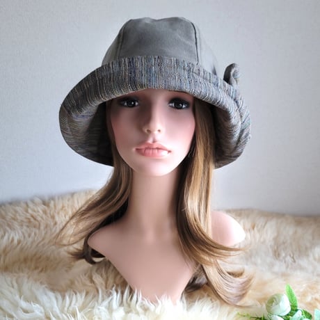 フィット hat★リボン  グレー系しっかりcotton×着物生地