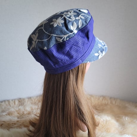 鮮やか紫デニム×ダンガリー刺繍★約59.5㎝★バタフライマリンキャスケット