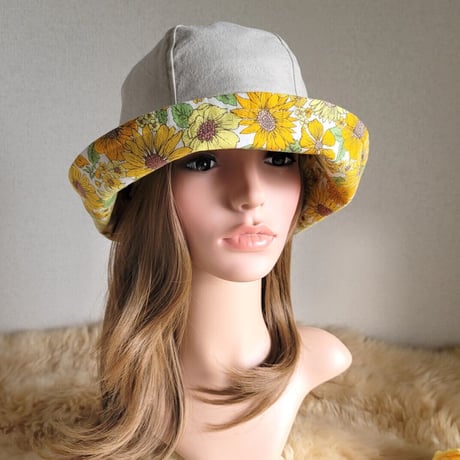 フィット hat★約60㎝★ナチュラルベージュ★cottonリネン×イエローFlower