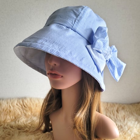 爽やか水色系★ストライプミックス★約59.5㎝★フィット hat×リボン